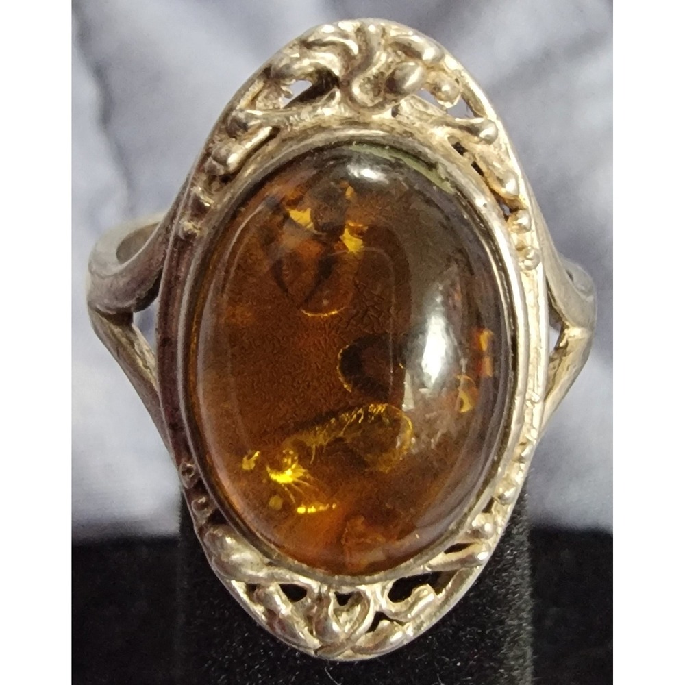 Vintage Sterling Silver 925 Cognac Amber Oval Filigree Statement Ring Size 6.25